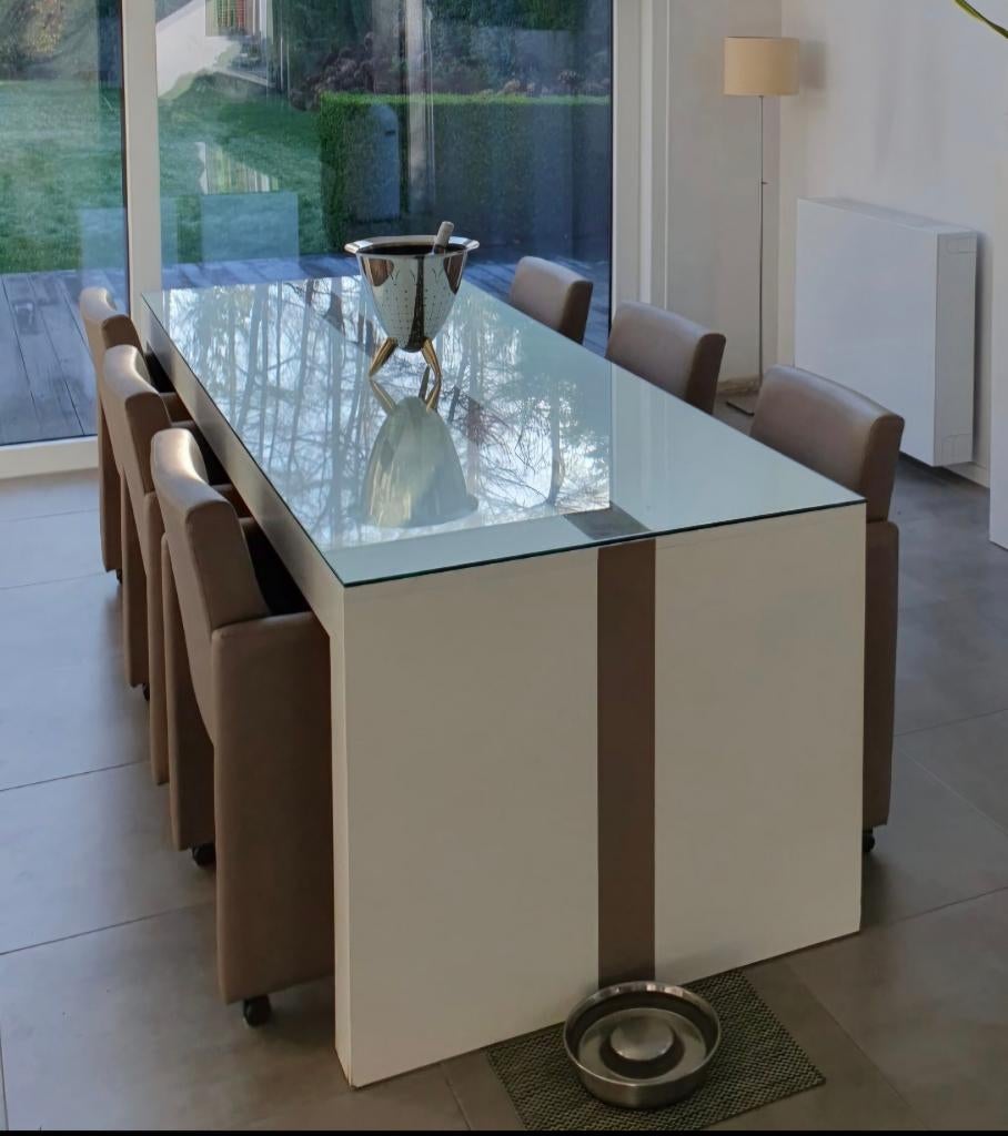 TAFEL MET 6 KUNSTLEDEREN STOELEN, Ophalen, Gebruikt, Kunststof
