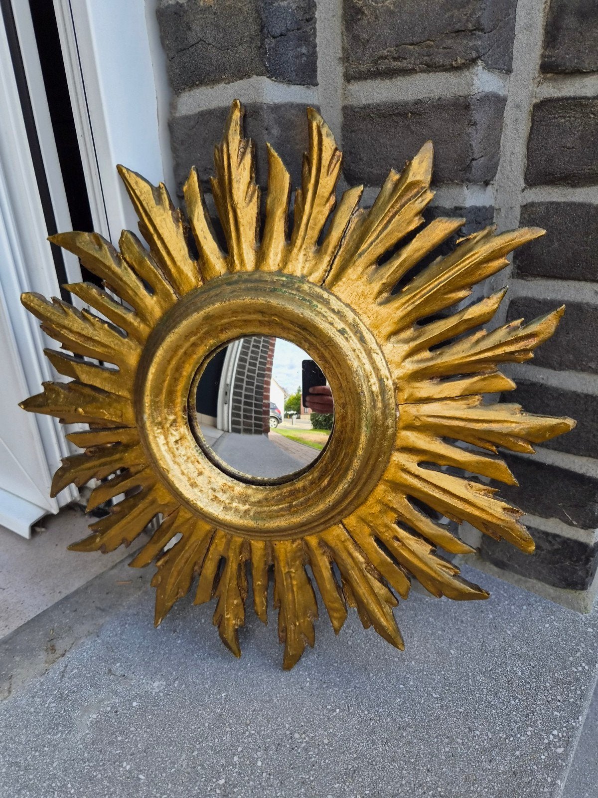 Ancien miroir solaire français en bois 36 cm, Maison & Meubles, Enlèvement ou Envoi, Moins de 100 cm, Rond, Utilisé