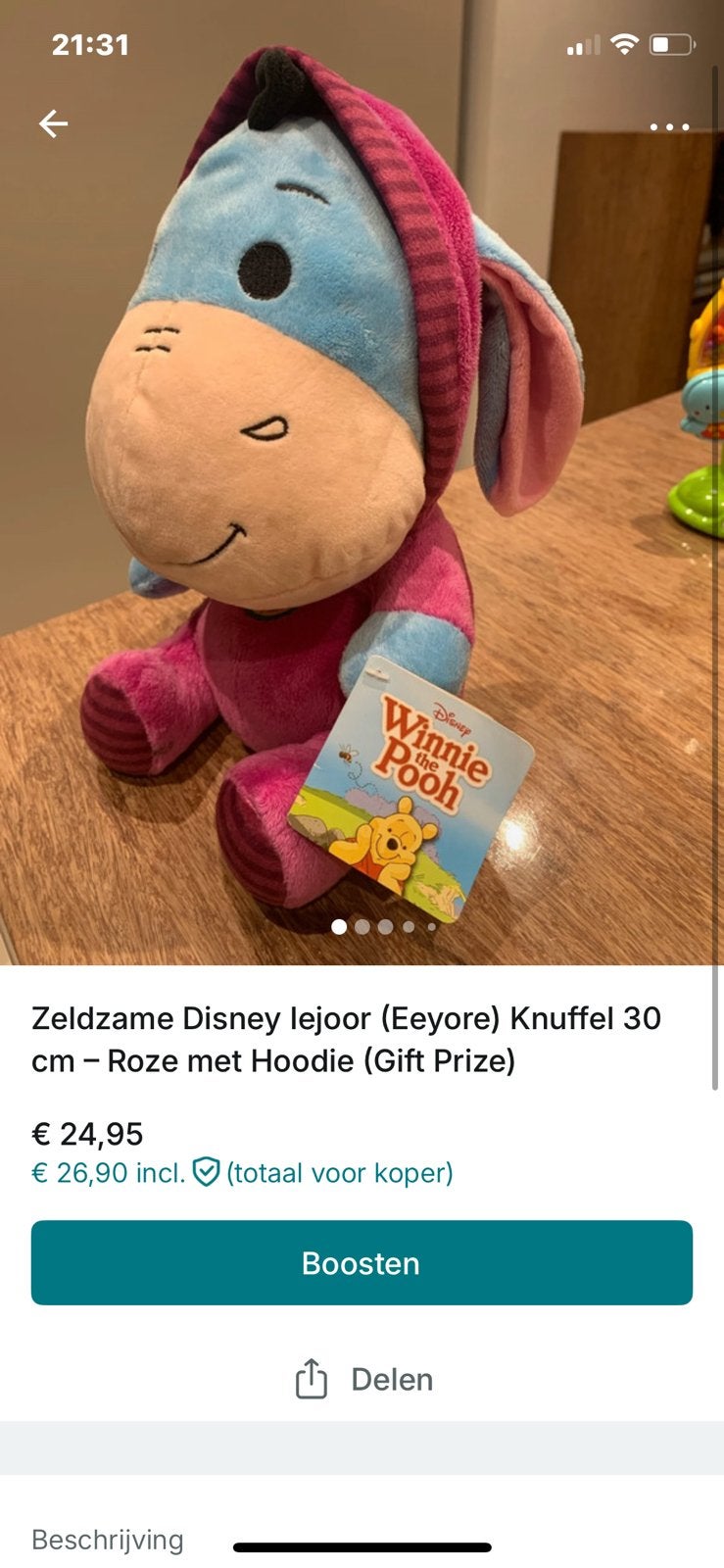 Zeldzame Disney Iejoor (Eeyore) Knuffel – Roze Hoodie –30 cm, Disney, Ophalen, Zo goed als nieuw, Blauw