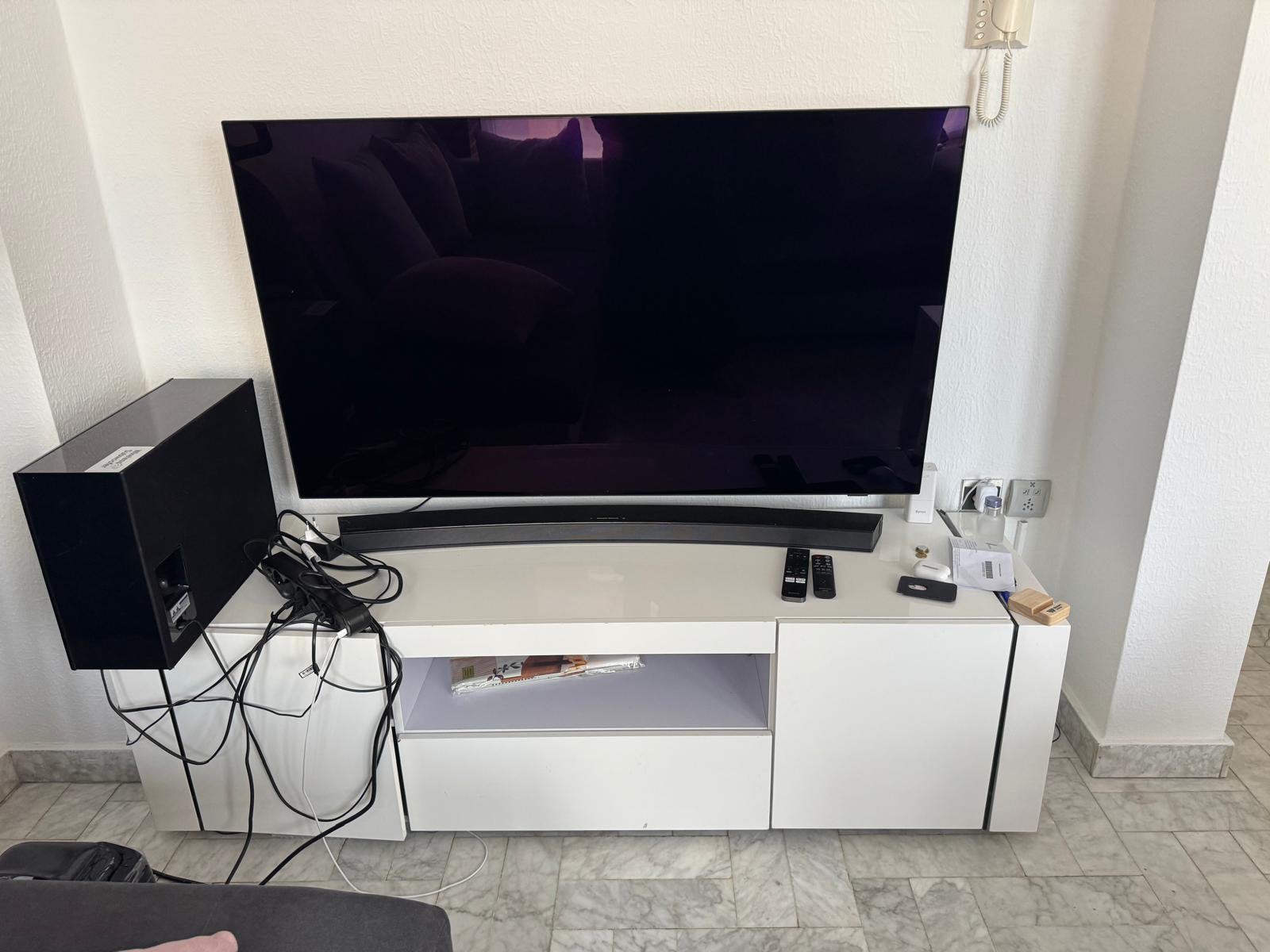 Meuble télé de 1,60 m en blanc brillant, Enlèvement, Utilisé