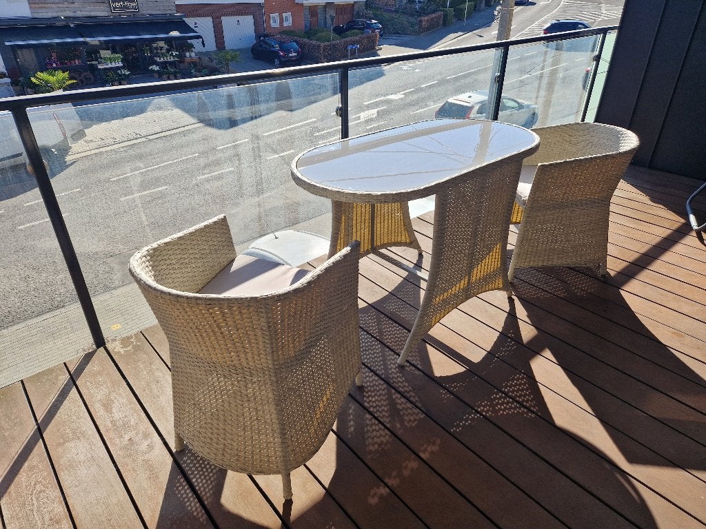 Table en verre 2 personnes pour balcon, terrasse, jardin, Ophalen, Gebruikt, Ovaal, Wicker