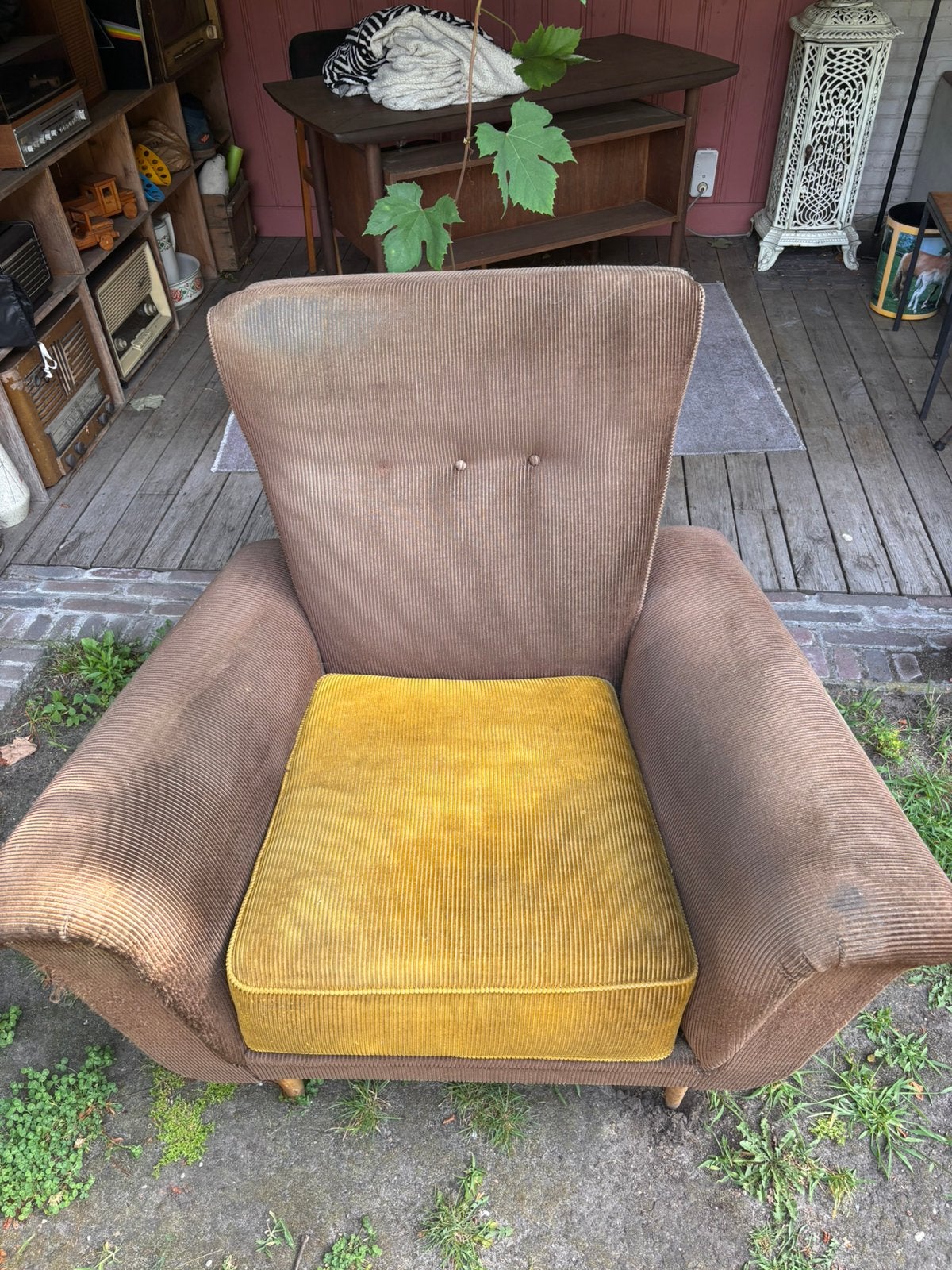 Vintage velours fauteuil bruin geel, Maison & Meubles, Fauteuils, 75 à 100 cm, Vintage, Enlèvement, Utilisé