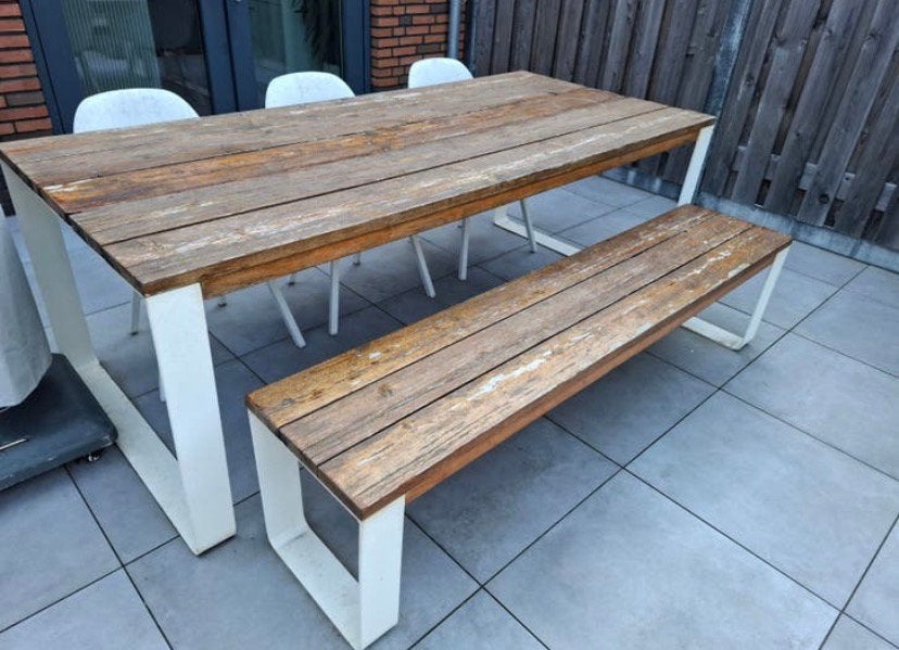 Steigerhouten Tuintafel Met Bankje En Stoelen, Enlèvement, Comme neuf