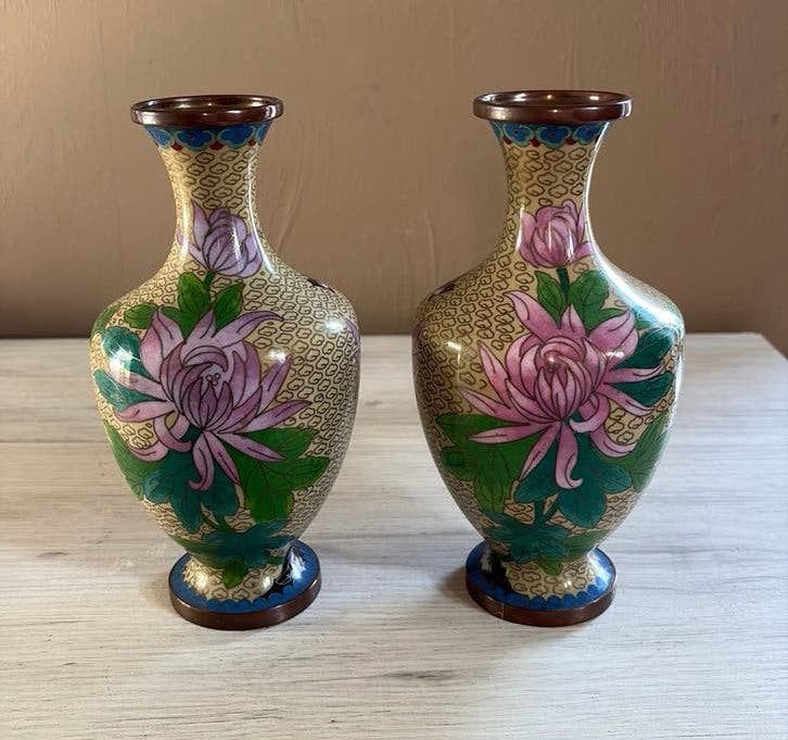 Set van 2 Vintage Chinese Cloisonné Vazen met Bloemen-Vogels, Ophalen of Verzenden