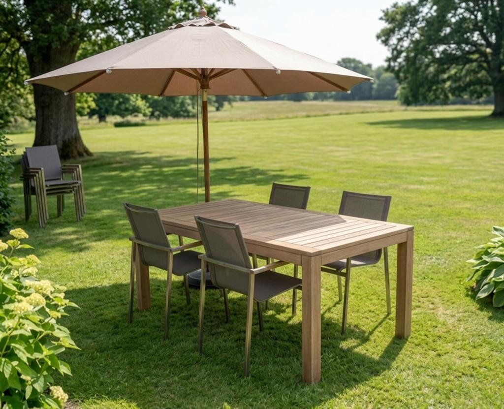 Bristol teak tuinset 200x100 4 inox stoelen met textileen, Tuin en Terras, Tuinsets en Loungesets, Ophalen, 4 zitplaatsen, Teakhout