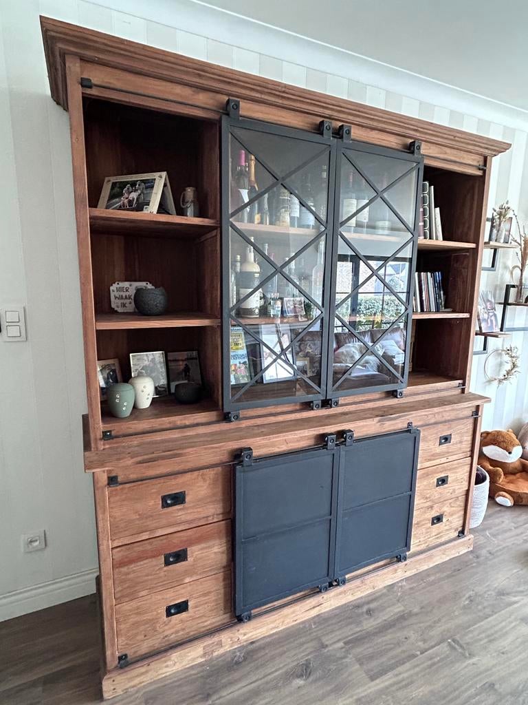 Vitrine kast teak (gekocht in Loods Heist op den Berg), Teck, 200 cm ou plus, Avec tablette(s), Comme neuf