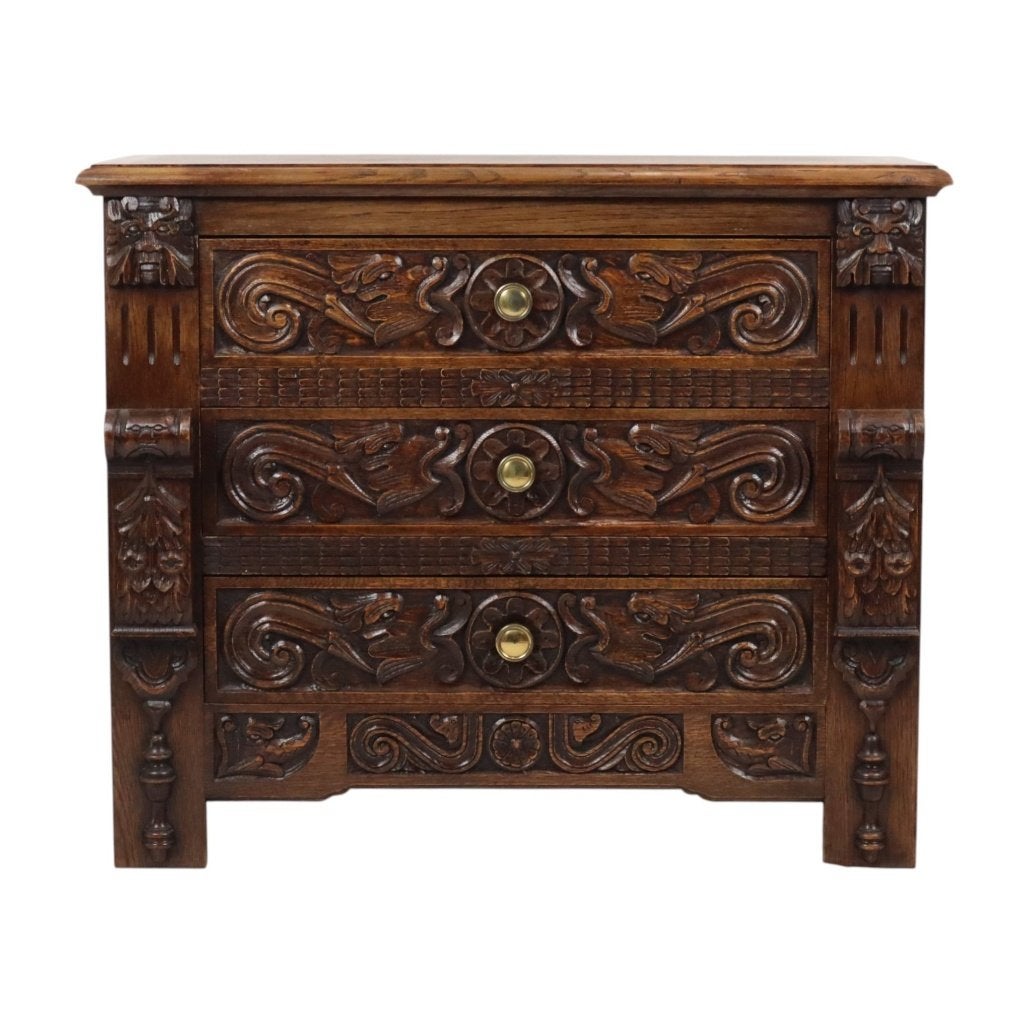 Vintage Eiken Gesculpteerde Kast Ladekast Mythische Figuren, Huis en Inrichting, Ophalen, Gebruikt, Eikenhout, 50 tot 100 cm