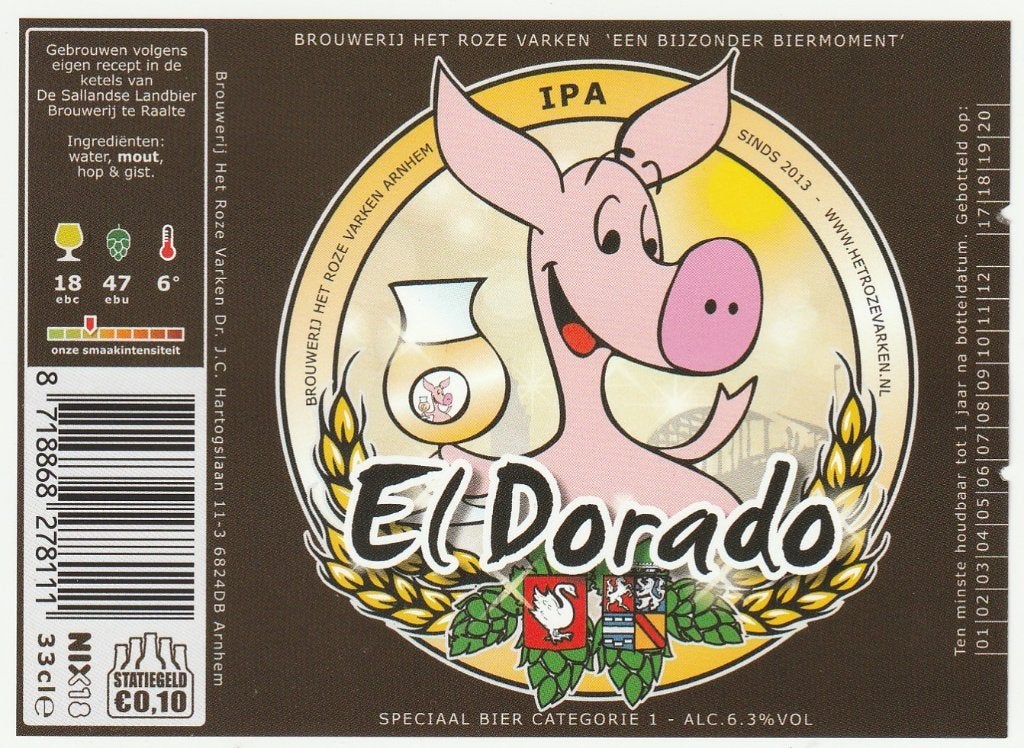 bieretiket NL Het Roze Varken : El Dorado, Envoi, Neuf, Autres types, Autres marques