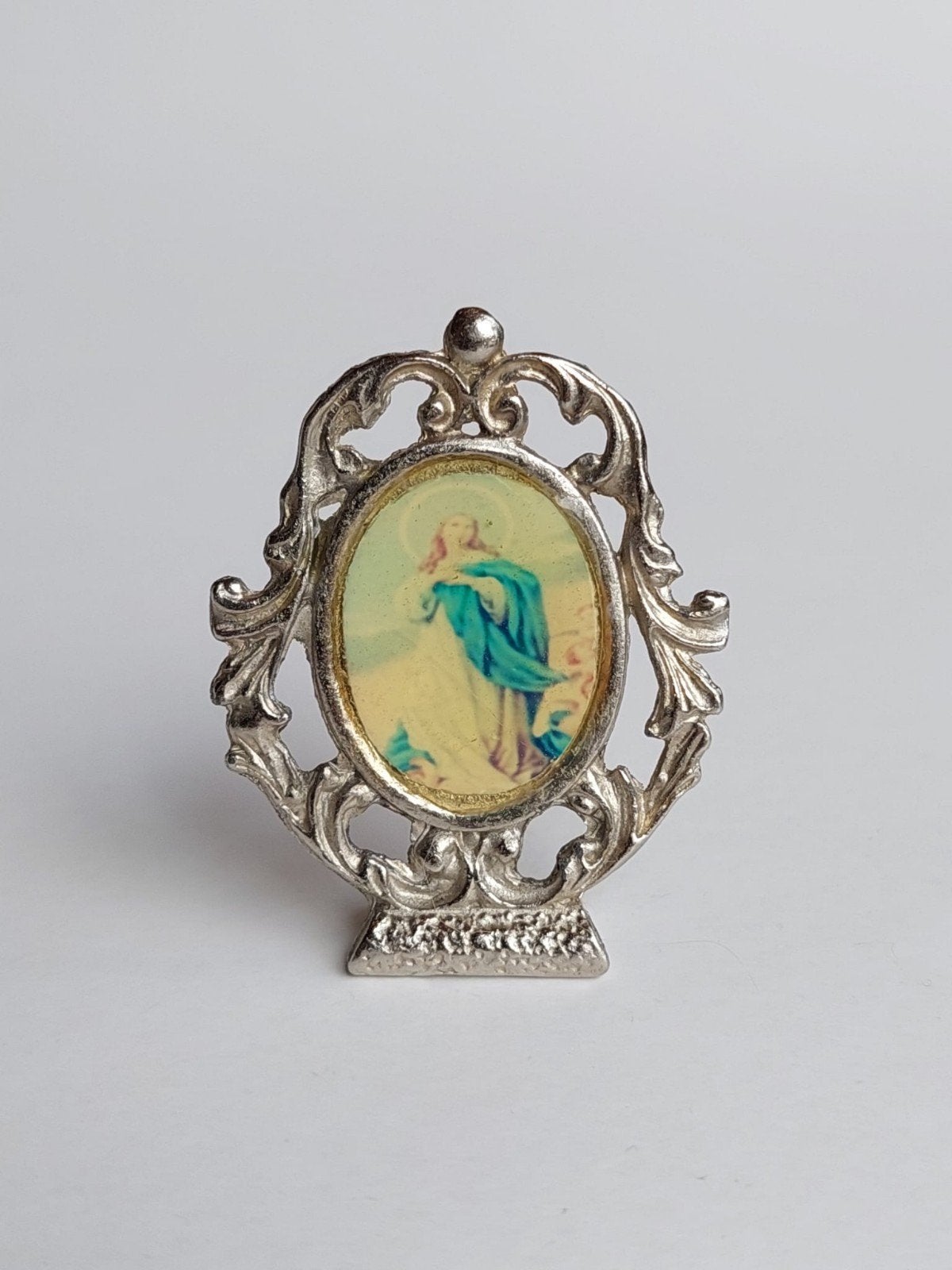 Miniatuur zilverkleurige kader met afbeelding patroonheilige, Antiek en Kunst, Ophalen