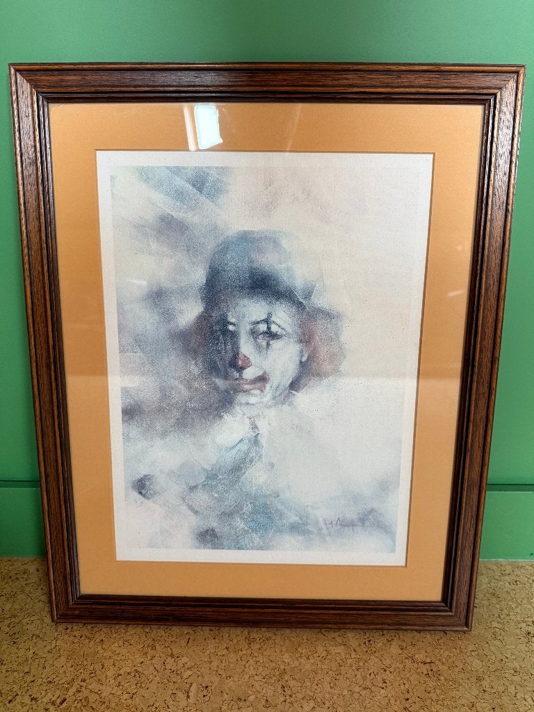vintage kunstprint van een melancholische clown, Ophalen of Verzenden
