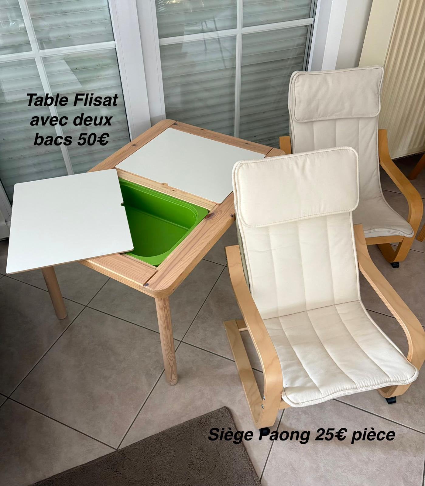 Table flisat ikea avec 2 casiers et siège paong, Enlèvement, Comme neuf