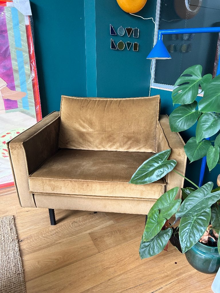 Woood fauteuil velvet honing, Ophalen, Zo goed als nieuw, 75 tot 100 cm, 100 tot 125 cm