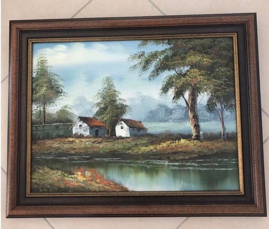 Karaktervol Schilderij "Visvijver Hoeves" Uit Oud Notariaat, Ophalen of Verzenden