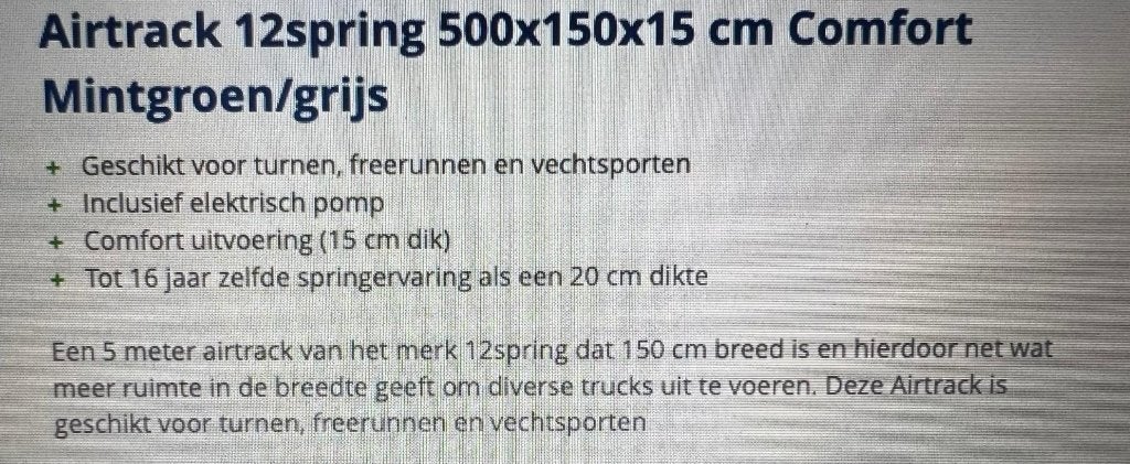 Airtrack 12 spring 500 x 150 X 15, Sport en Fitness, Turnen, Ophalen, Gebruikt