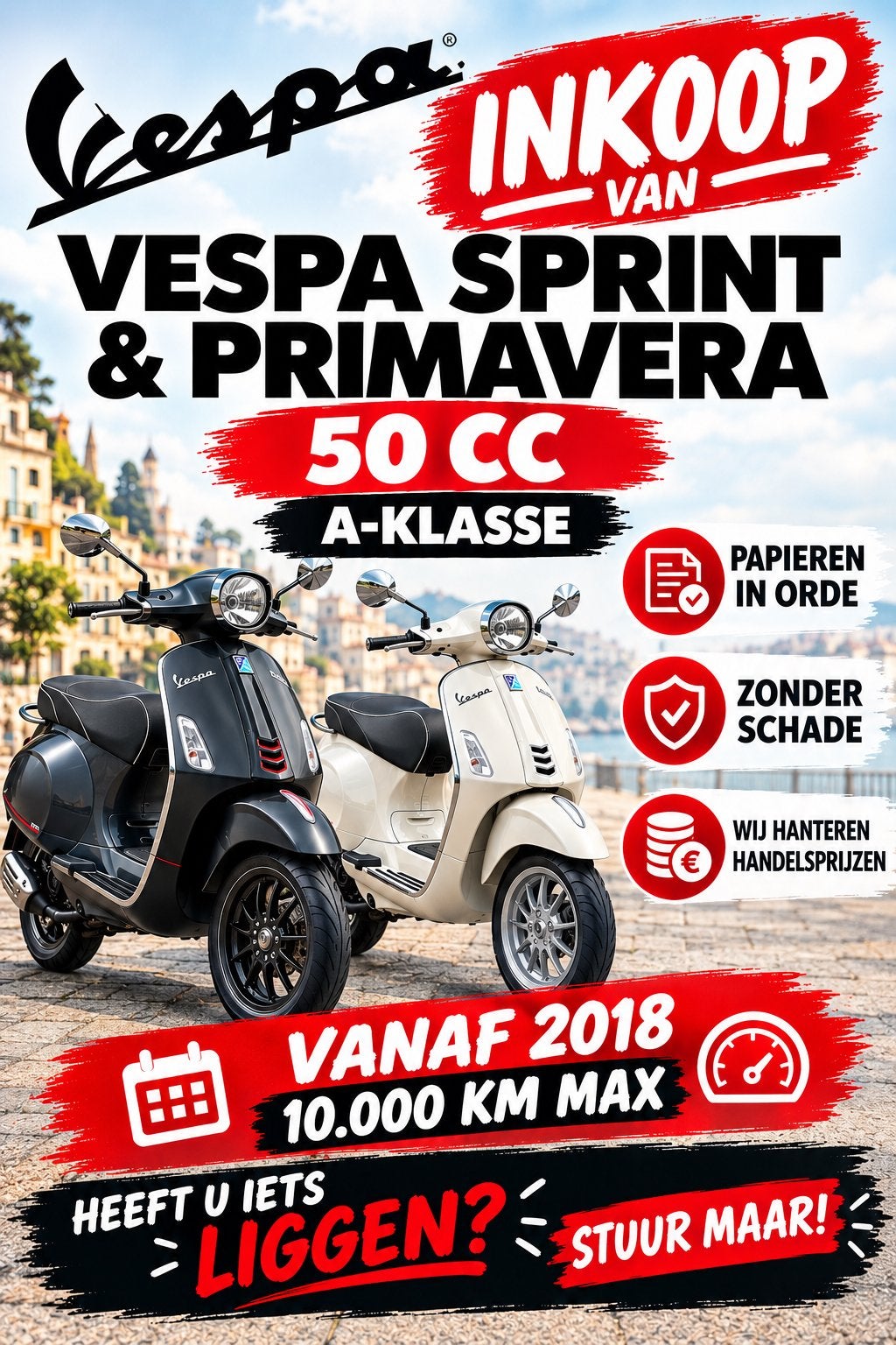 WIJ KOPEN UW VESPA SPRINT & PRIMAVERA 50CC A-KLASSE, Fietsen en Brommers, Ophalen