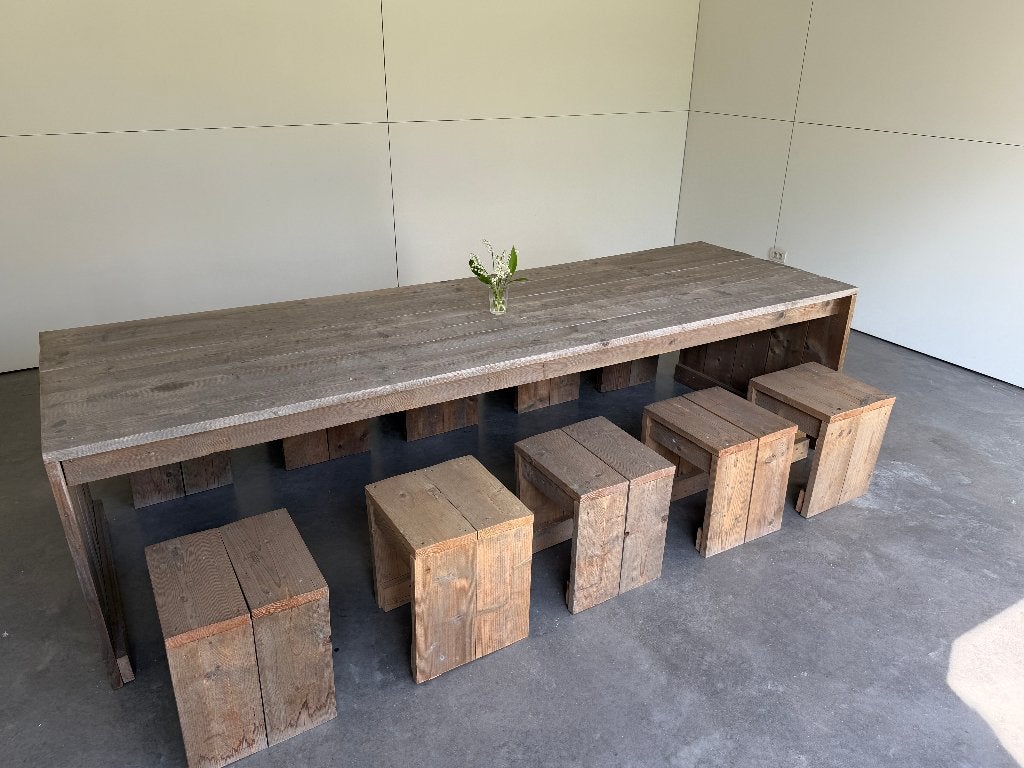 Tuintafel en 10 Stoeltjes (Steigerhout), Jardin & Terrasse, Tables de jardin, Enlèvement, Utilisé, Rectangulaire, Bois