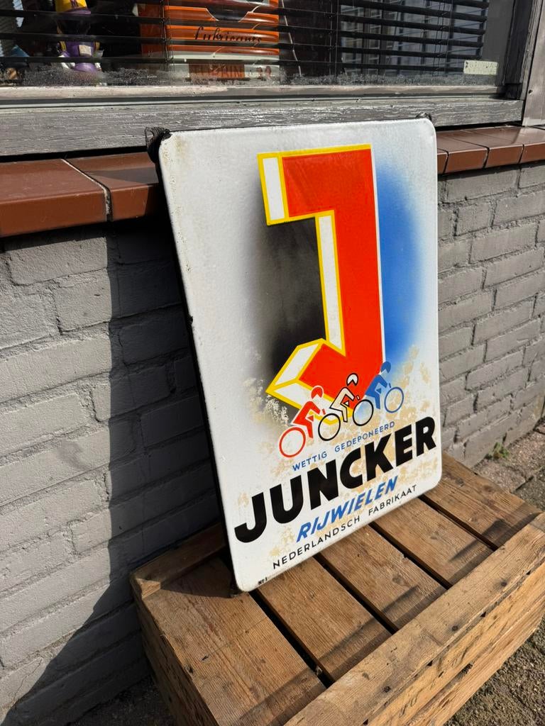 Ancien panneau d'affichage en émail pour vélos JUNCKER, Enlèvement ou Envoi, Utilisé, Panneau publicitaire
