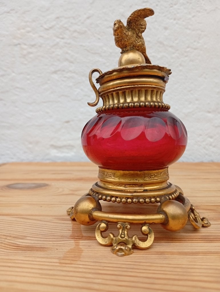 Napoleon III inktpot, brons verguld brons, rode glazen vogel, Ophalen