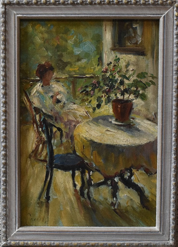 Willem Paerels - femme sur un porche., Portrait ou Personnes, Enlèvement ou Envoi, Encadré, Peinture à l'huile