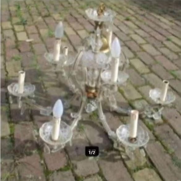 Mooie Antieke Glazen Luchter met 9 lichtpunten, Ophalen