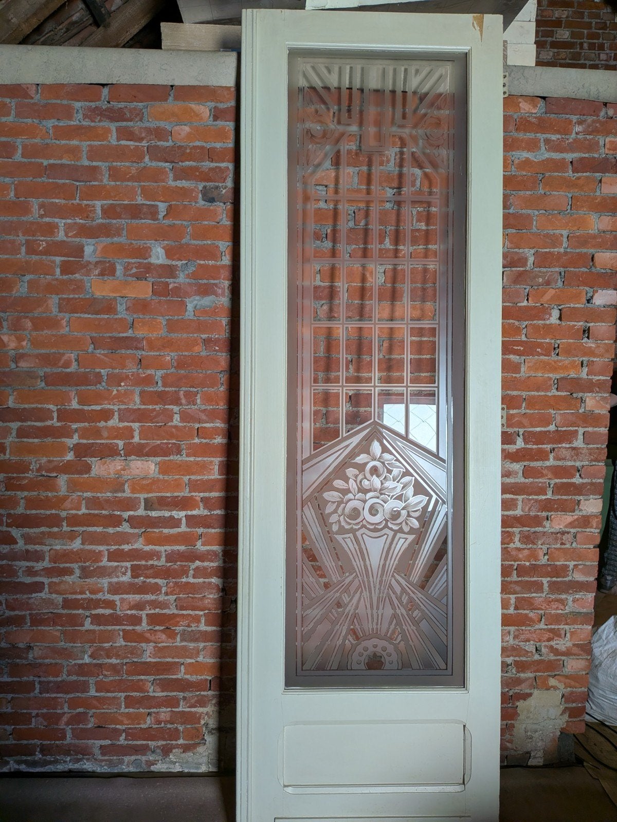Antieke dubbele witte deur met geëtst glas, Ophalen, Glas