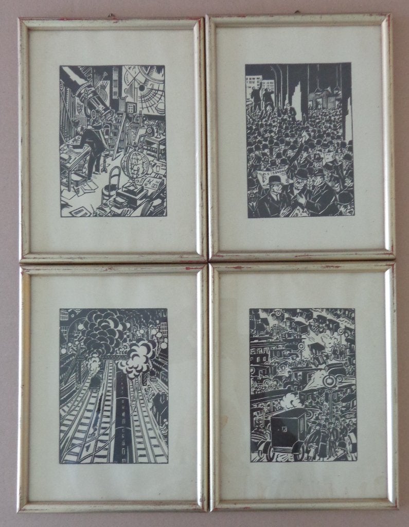 FRANS MASEREEL / 4 STUKS / STAD / HOUTSNEDE / 26x19cm KADER, Antiquités & Art, Art | Lithographies & Sérigraphies, Signé, Enlèvement ou Envoi