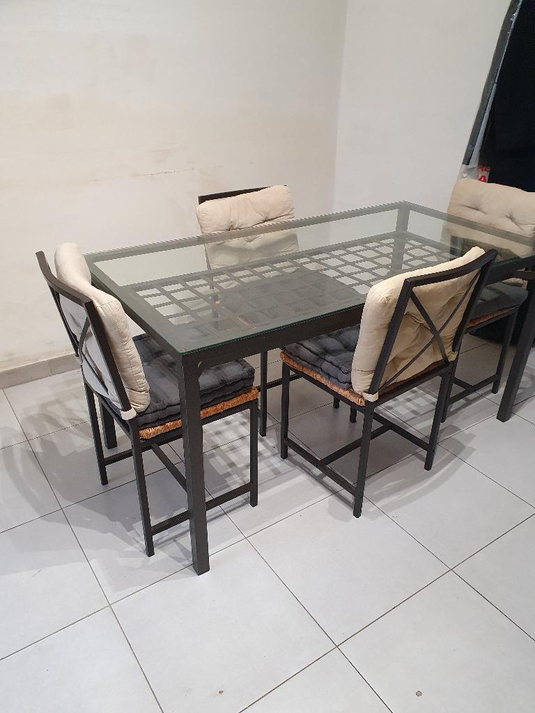 Smeedijzeren tafel en stoelen, Ophalen, Gebruikt, 100 tot 150 cm, 50 tot 100 cm