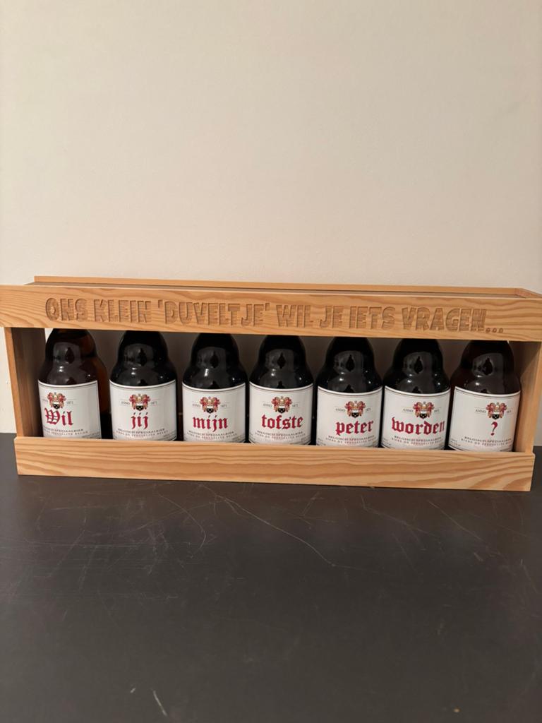 Duvel flessen : Wil jij mijn tofste peter worden?, Ophalen of Verzenden, Zo goed als nieuw, Flesje(s), Duvel