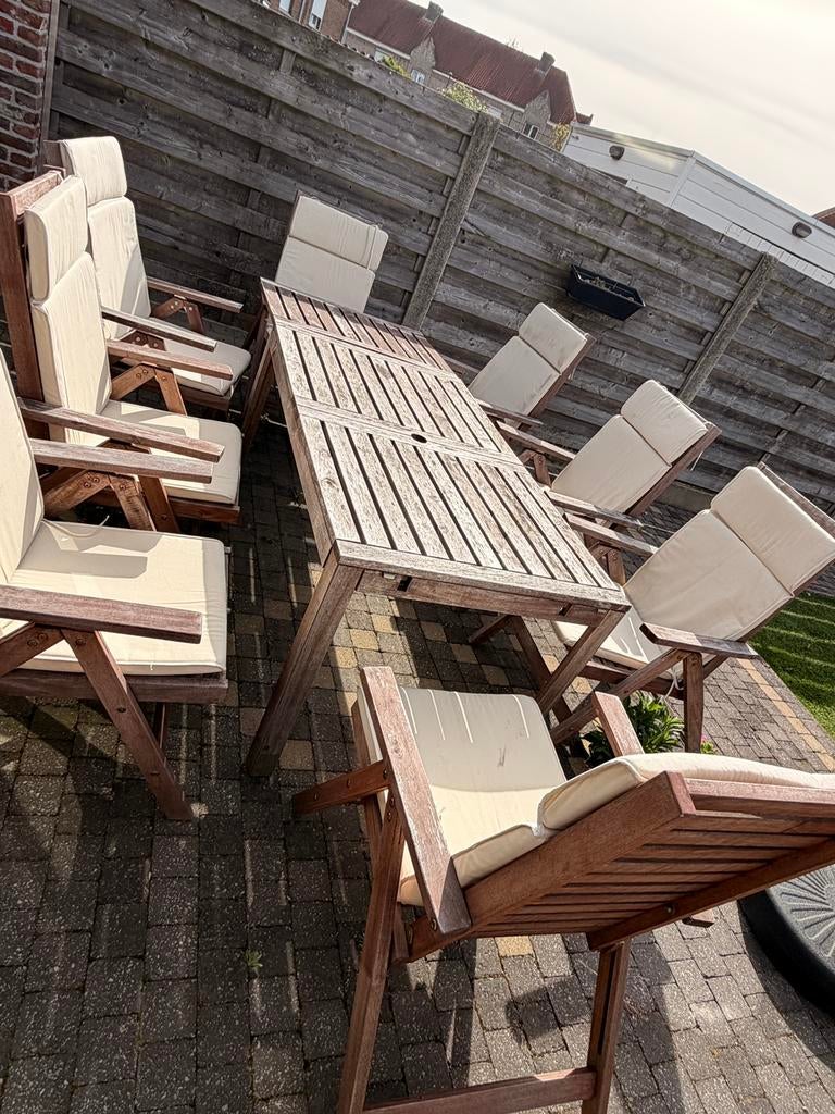 Houten eettafel met 8 stoelen inclusief kussens, Ophalen, Gebruikt, Eettafel, 8 zitplaatsen