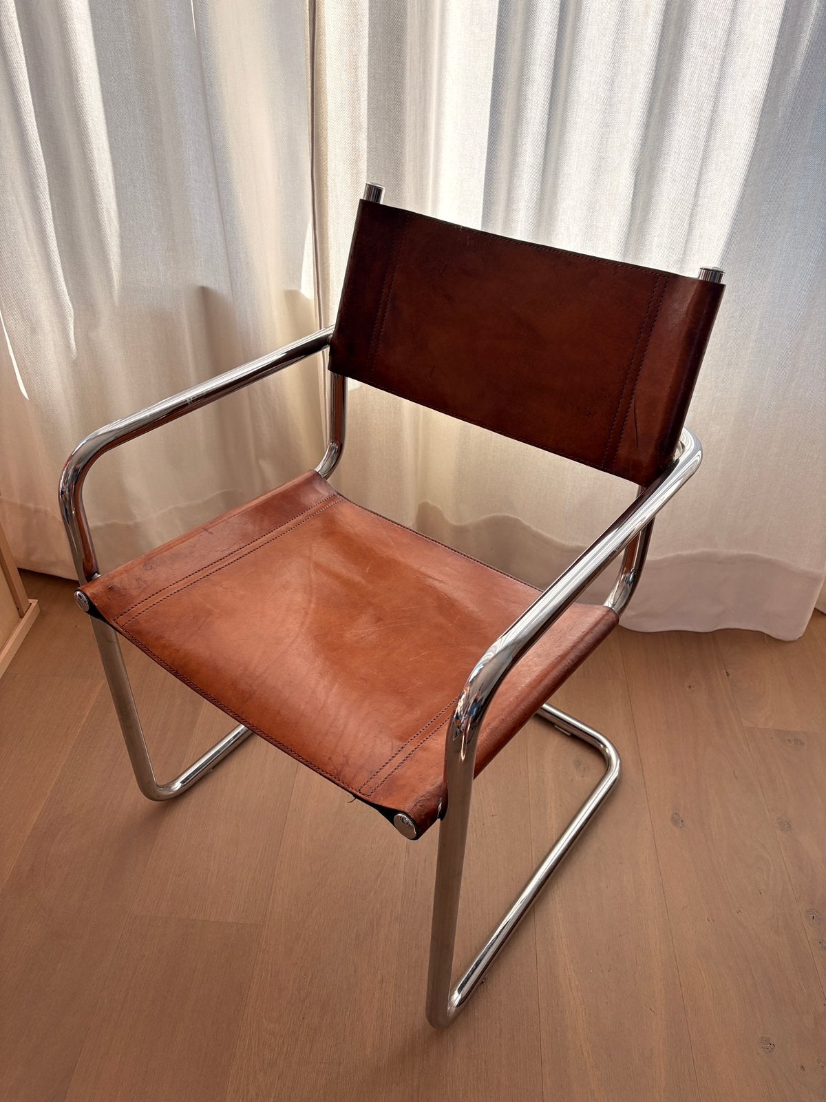 Vintage Fauteuil Cognac Leer & Chroom - Bauhaus Stijl, Ophalen, Gebruikt, Bauhaus, Bruin
