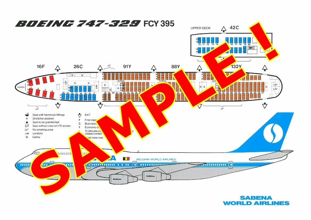 Affiche Sabena Plan sièges de l'avion Boeing B747-329 FCY395, Collections, Souvenirs Sabena, Neuf, Enlèvement ou Envoi