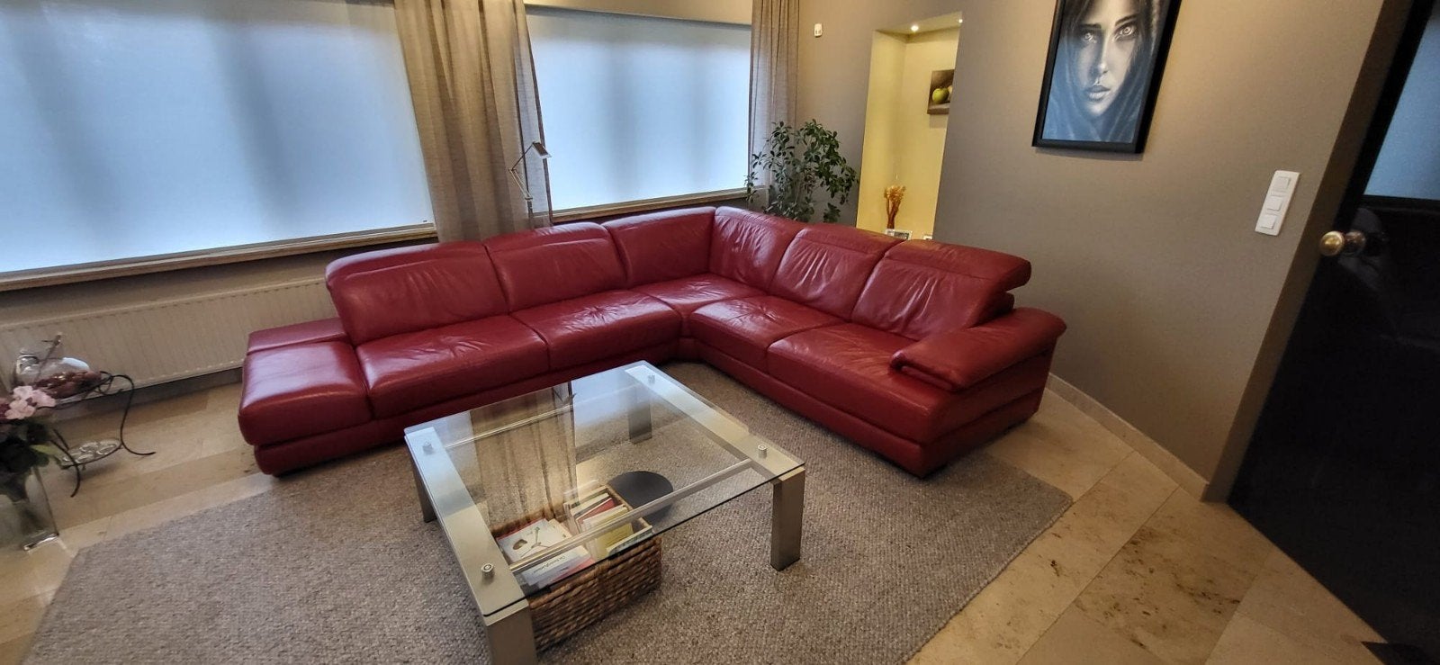 Hoeksalon, leder, rood, afm. 3.10mx2.6m, Ophalen, Gebruikt, Leer, Modern