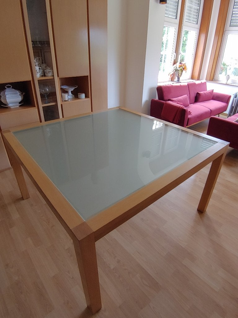 Table moderne faite sur mesure, en chêne et verre vert clair, Chêne, 200 cm ou plus, Modern, tijdloos, Carré