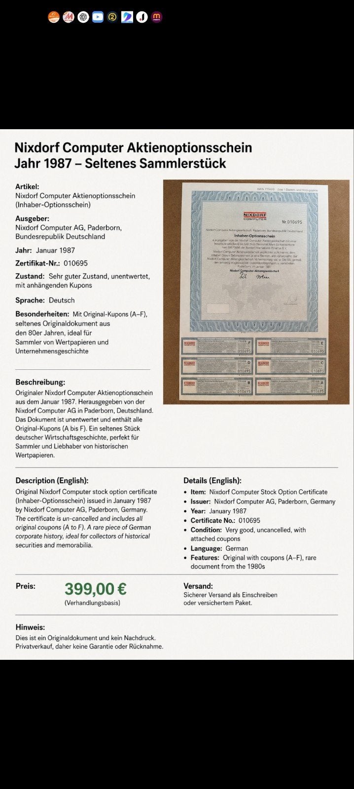 Ordinateur Nixdorf, Timbres & Monnaies, Actions & Titres, Enlèvement ou Envoi