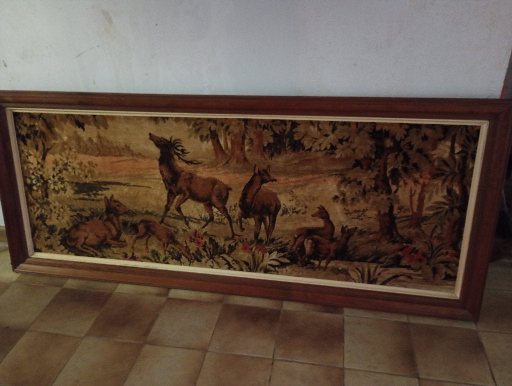 Groot vintage wandtapijt herten in houten kader, Antiek en Kunst, Ophalen