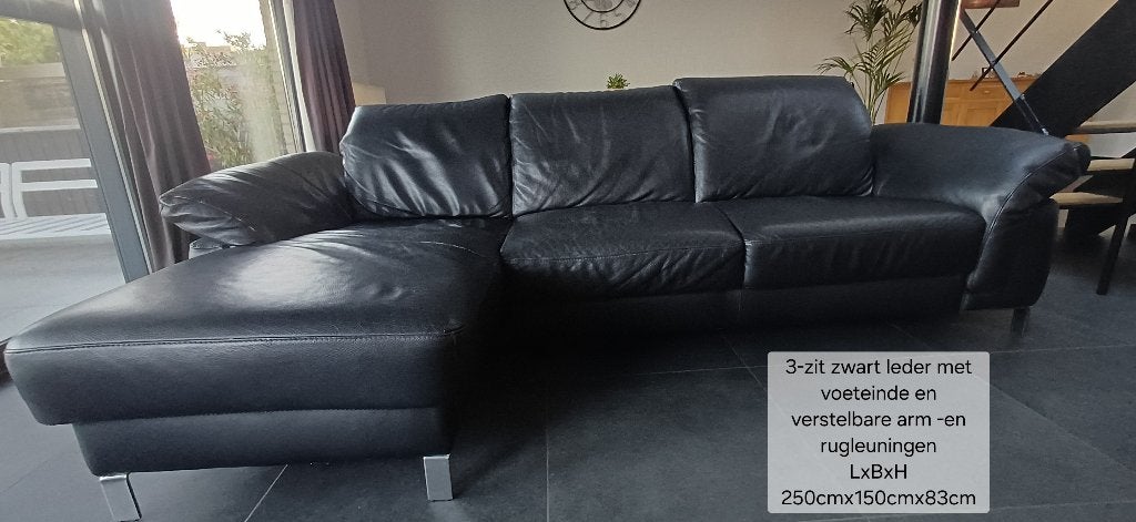 Zwart lederen salon, Ophalen, Driepersoons, Zo goed als nieuw, Modern