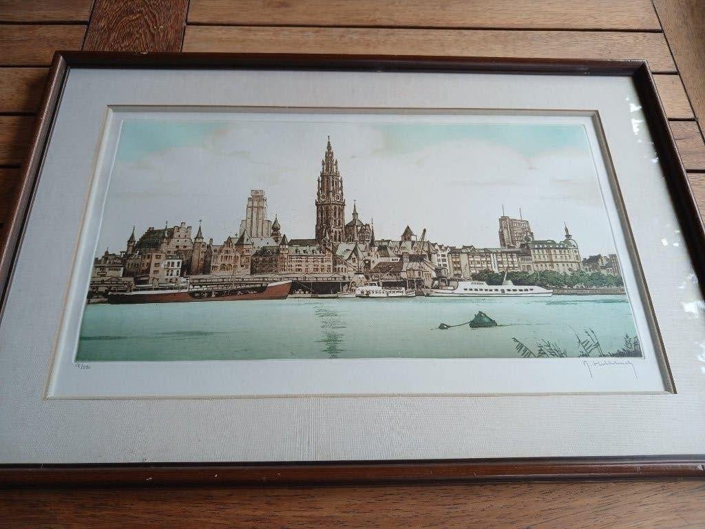 gesigneerde ets Roger hebbelinck , schelde Antwerpen, Ophalen of Verzenden, Ets, Ingelijst