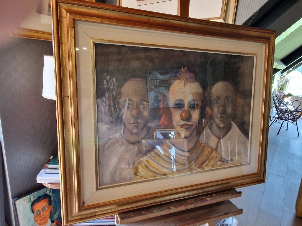 Giancarlo Pavanello ' 3 Clowns ' Olie op Canvas', Antiek en Kunst, Kunst | Schilderijen | Klassiek, Ophalen, Doek, Portret of Personen