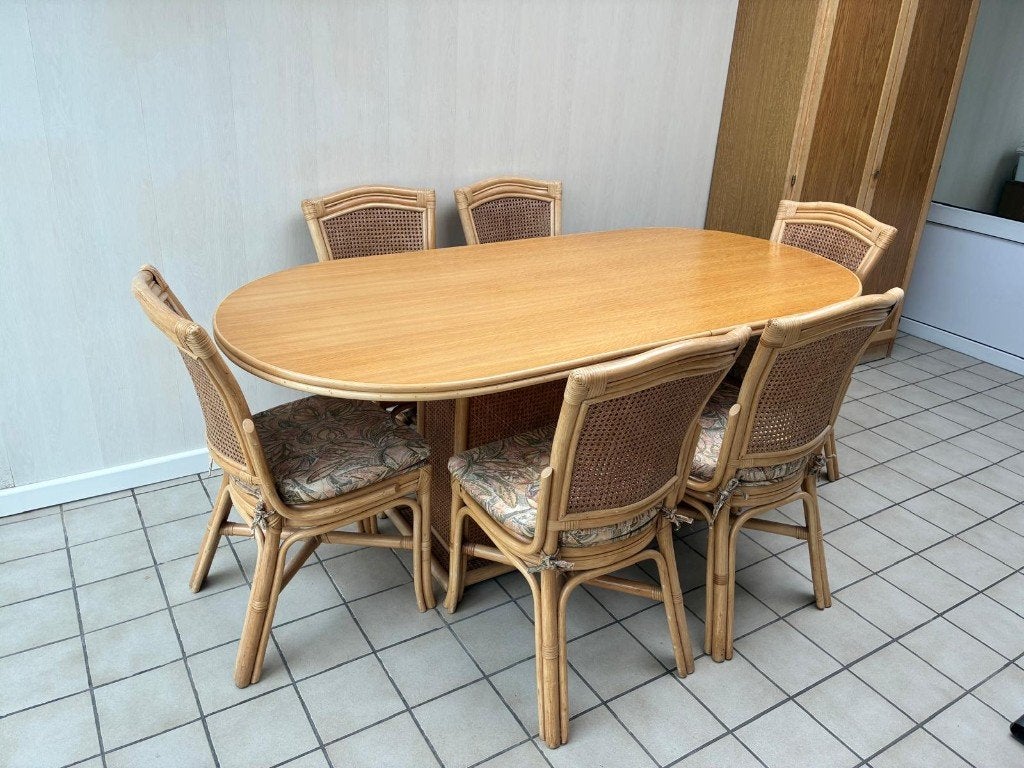 Rotan / rieten eetkamerset, Huis en Inrichting, Ophalen, Zo goed als nieuw, 4 tot 6 stoelen