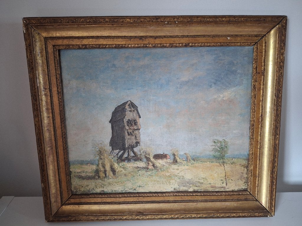duiventoren in hooiveld, Antiek en Kunst, Ophalen, Acrylverf, Doek, Impressionistisch