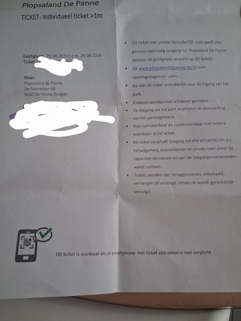 Ticket plopsaland, Eén persoon, Ticket of Toegangskaart