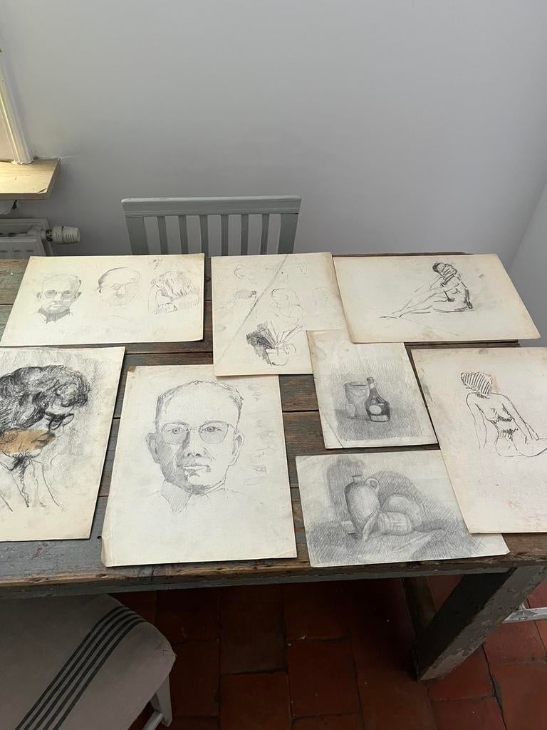 VINTAGE TEKENINGEN POTLOOD PORTRET STILLEVEN NAAKT, Ophalen of Verzenden