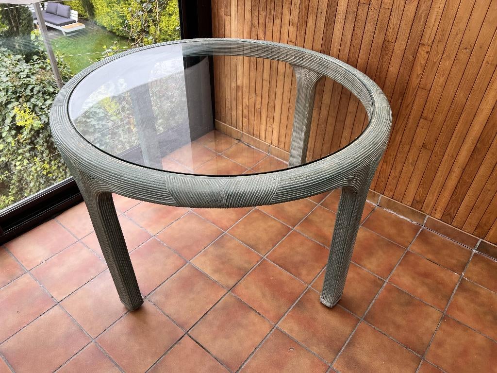 Vintage ronde tafel met glazen blad, Ophalen, Gebruikt, Rond, Glas