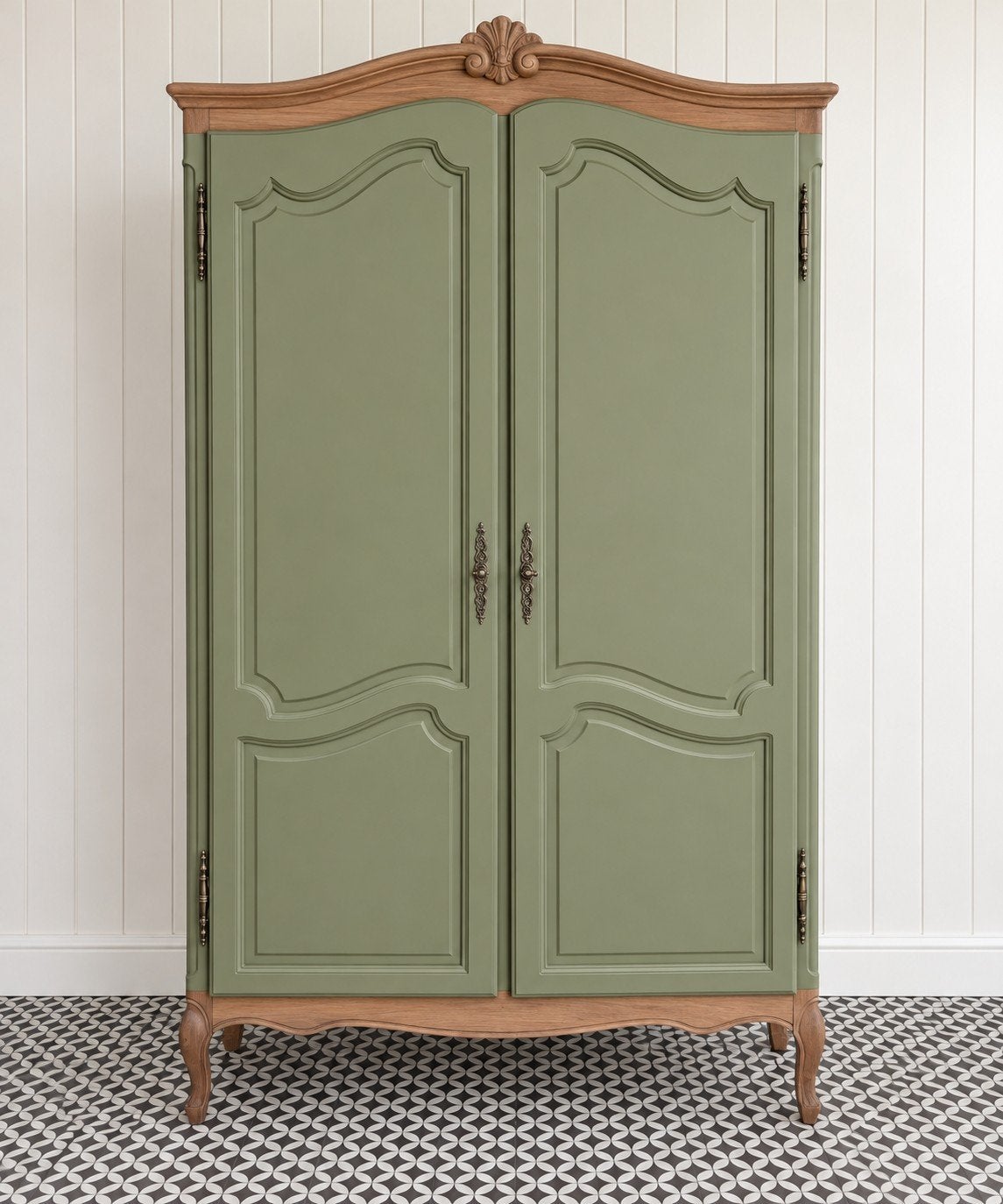 Armoire vintage | Vert olive et naturel | Style français, Comme neuf, 100 à 150 cm, Chêne, Avec porte(s)