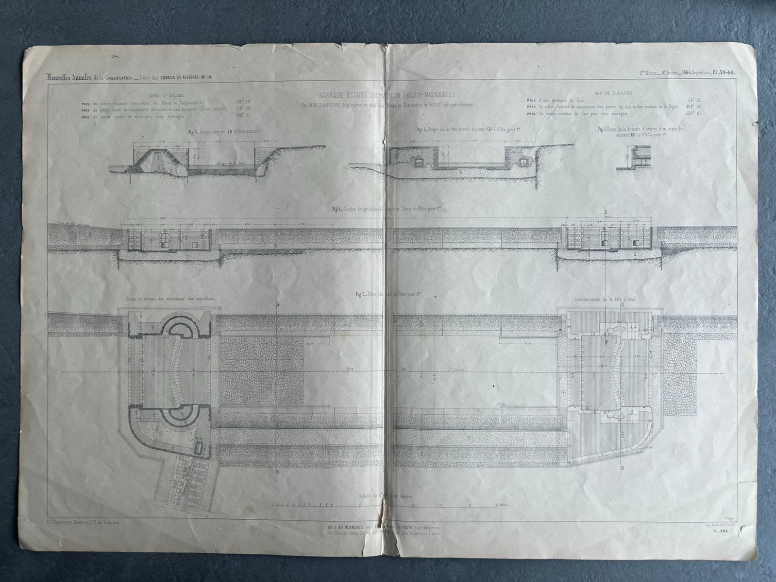 Oude technische gravure 1864 — Melun Barrage Écluse, Antiek en Kunst, 1800 - 1899, Architectuur, Ophalen of Verzenden, Gravure