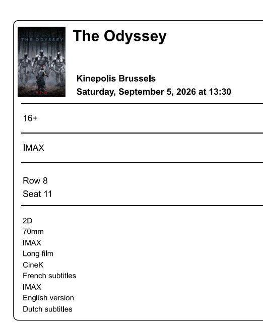 The Odyssey Kinepolis IMAX ticket for 05.09.2026 13:30, Tickets & Billets, Une personne, Drame, Conçu pour IMAX, Autres types