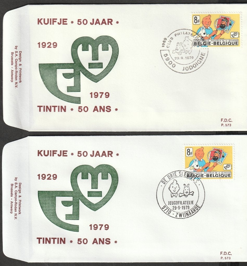 fdcs Jeugdphilatelie Kuifje 1979   2 x, Met envelop, Ophalen of Verzenden, Gestempeld, 1e dag stempel