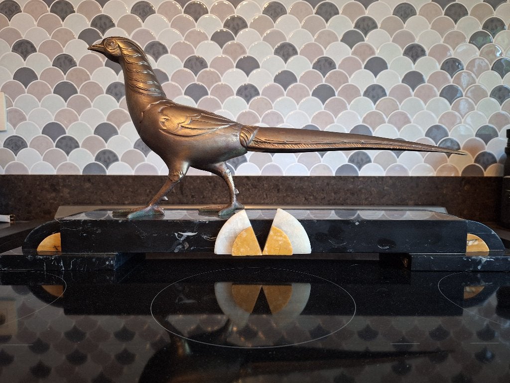 Grote Art Deco fazant op marmer en onyx – ca. 1930, Art deco, Ophalen of Verzenden, Wit, Beeld