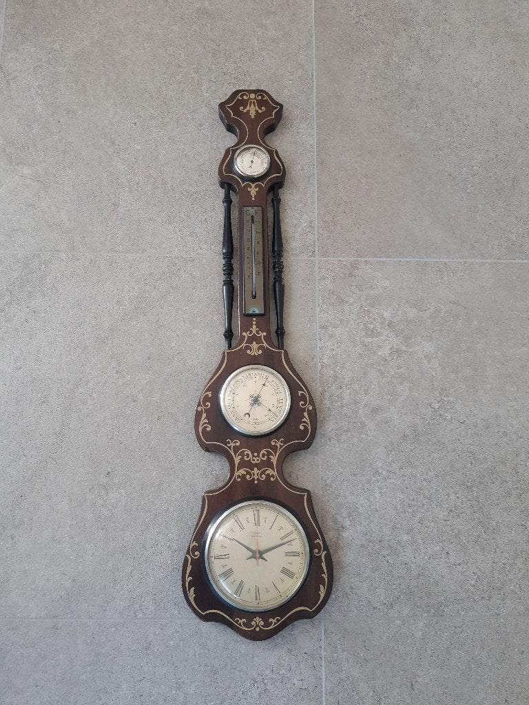 Houten banjo weerstation: klok, barometer, hygrometer..., Huis en Inrichting, Woonaccessoires | Klokken, Vintage, Ophalen, Gebruikt