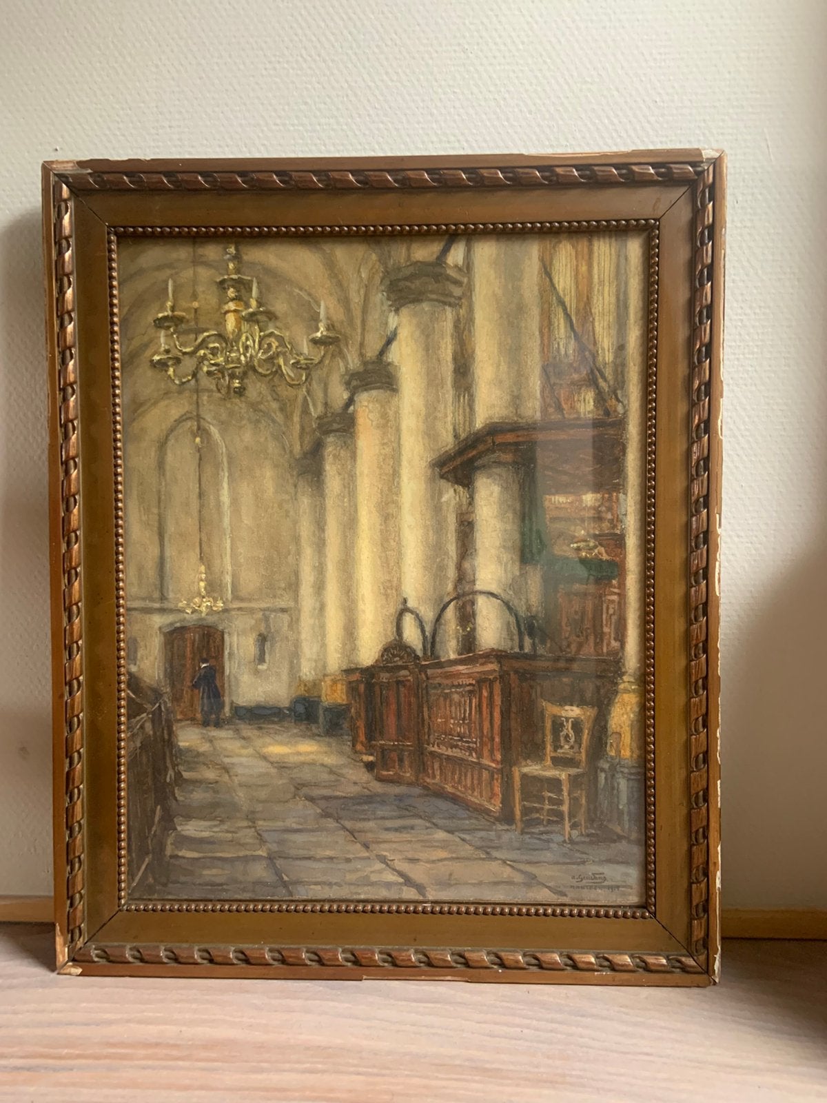 Albert Geudens aquarel kerkinterieur, Antiek en Kunst, Ophalen, Aquarel